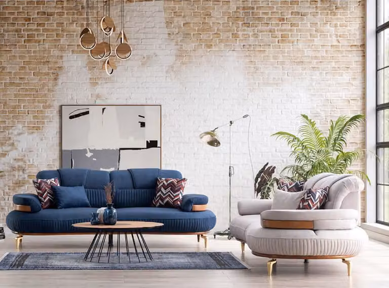 Moderne Sofagarnitur 3+3 Wohnlandschaft Beige Blaue Sitzgarnituren Stoffsofa