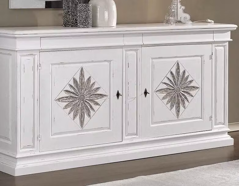 Credenza Shabby Chic con 2 Porte e 2 Cassetti in Legno con Intarsio Floreale Bianco Mobili 2G L: 230 cm, P: 57 cm, H: 113 cm – 3