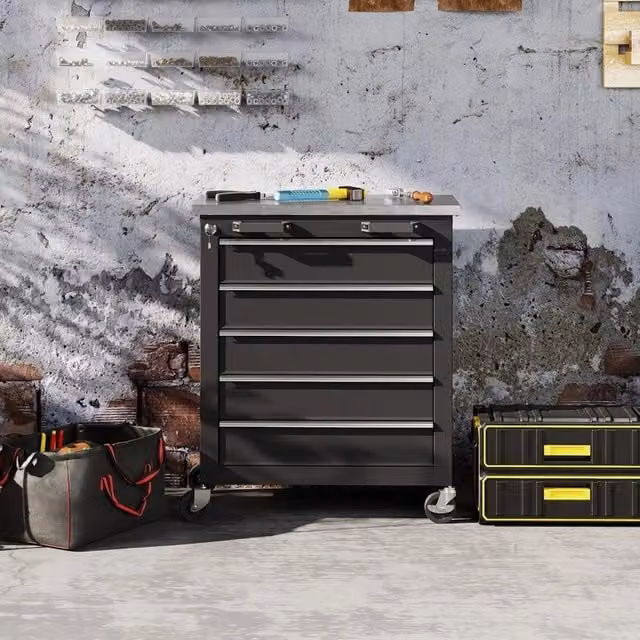 Carrello portautensili WISHDOR in acciaio inox con 5 cassetti, nero, con ruote e chiusura centralizzata, L/P/H: 80.0 x 41.5 x 73.5 cm – 1