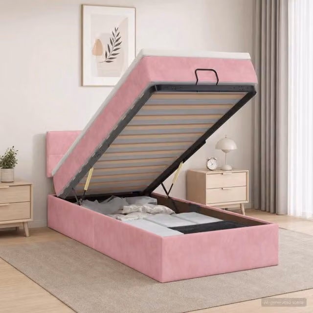 Letto ottomano con materasso vidaXL in velluto rosa e bianco L/P/H: 200 x 100 x 88 cm