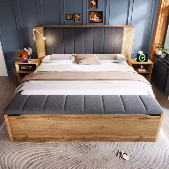Letto matrimoniale 160 x 200 cm effetto rovere con testiera reclinabile in lino; contenitore e luci USB