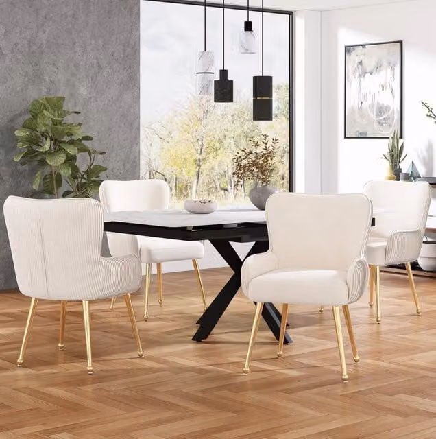 Set di 4 Sedie da Pranzo in Velluto Beige con Braccioli e Gambe in Metallo Dorato Regolabili