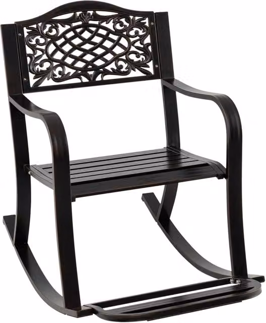 Sedia a Dondolo da Giardino Stile Rustico, Sedia da Esterno in Alluminio con Poggiapiedi, Schienale Decorativo e Braccioli, Dondolo per Giardino e Balcone, 102 x 62,5 x 89 cm, Marrone