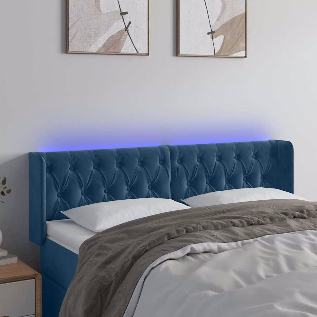 Testiera per letto vidaXL in velluto blu scuro con illuminazione LED e porta USB, L: 147 cm, P: 16 cm, H: 78-88 cm