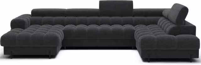 Divano panoramico convertibile FERARIA MEUBLORAMA colore antracite con angolo destro, funzione letto e poggiatesta regolabile, L: 358 cm, P: 93 cm, H: 202 cm – 1