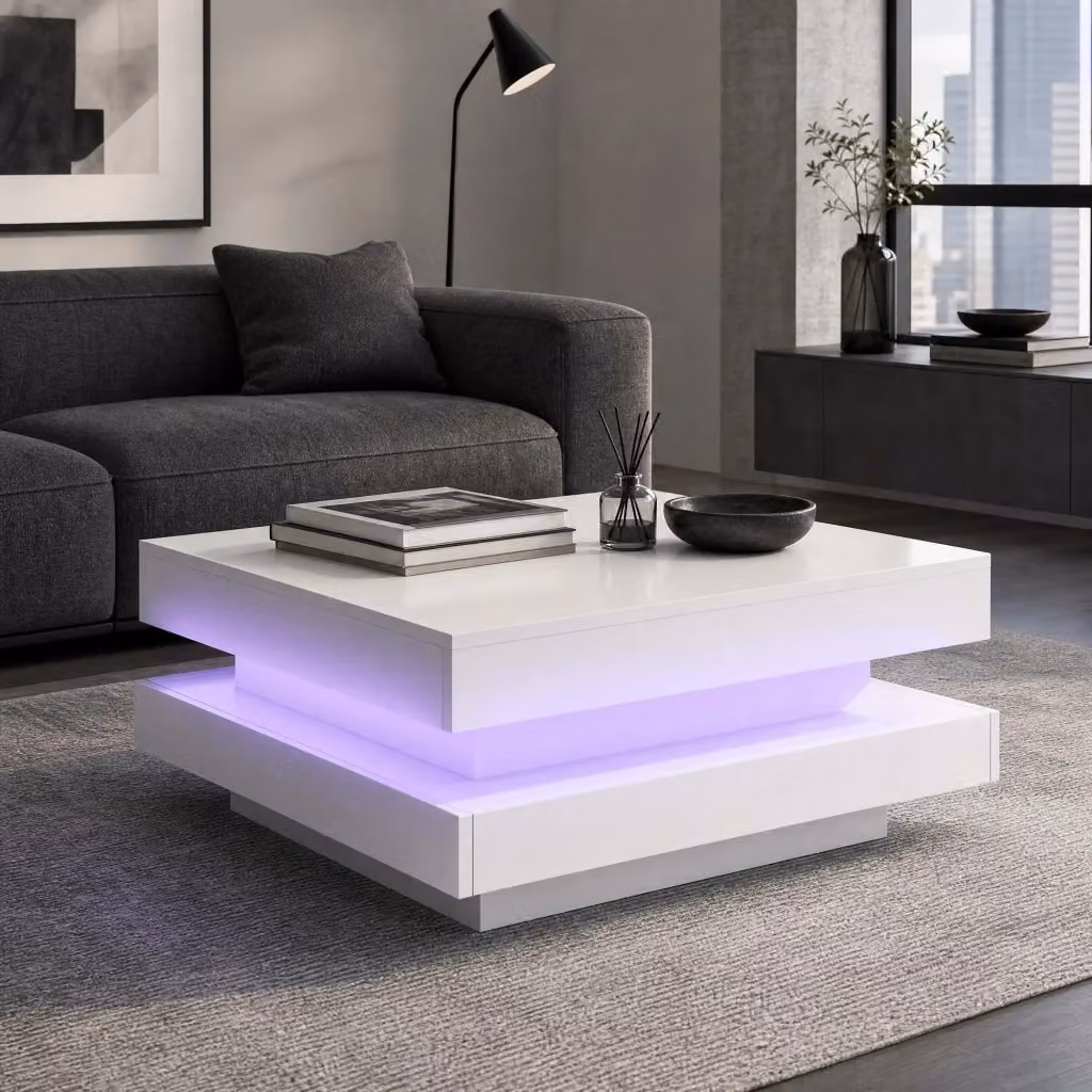 Tavolino da caffè quadrato MODFU bianco lucido con piano girevole L 70 cm x P 70 cm x H 36 cm – 2