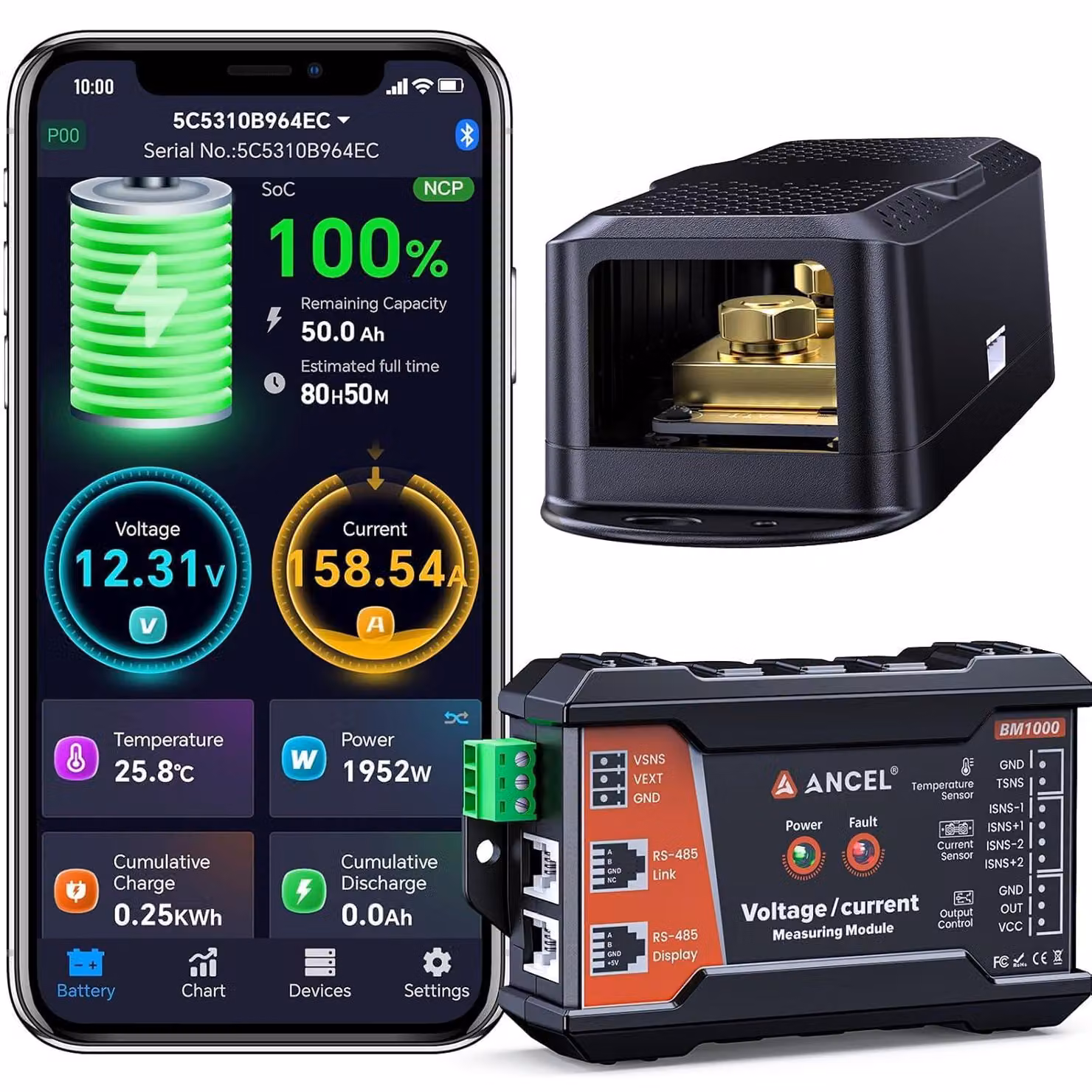 Monitor per batteria da 400A con shunt, connessione Bluetooth, compatibile con tensioni da 10 a 120V, ideale per camper, impianti solari e applicazioni marine