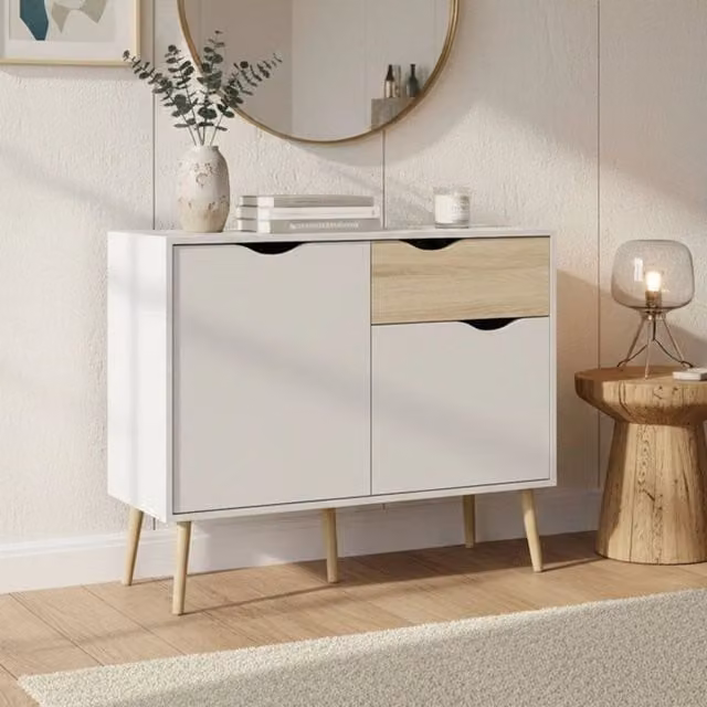 Credenza DMORA con due ante e un cassetto, colore bianco e rovere, L: 98 cm, H: 81 cm, P: 39 cm
