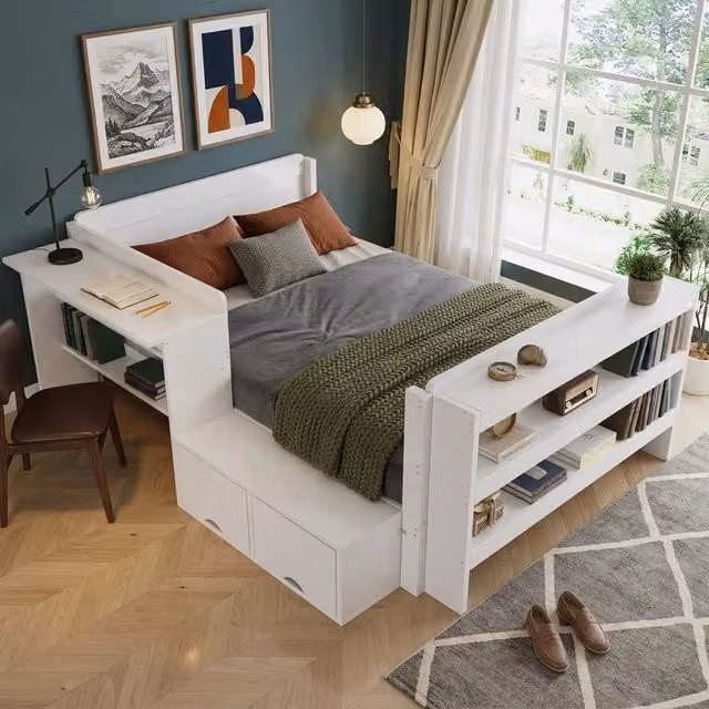 Letto in legno bianco 120x200 cm con scrivania, vano portaoggetti e mensola aperta, modulo laterale reversibile per camera ragazzi e ospiti