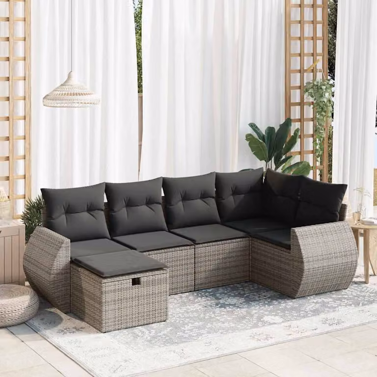Set Divano da Giardino vidaXL 6 pz in Polyrattan Grigio con Cuscini e Ottoman a Forma di L