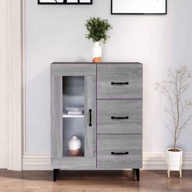 Credenza moderna vidaXL in legno e vetro, colore grigio, L: 69,5 cm, P: 34 cm, H: 90 cm – 1