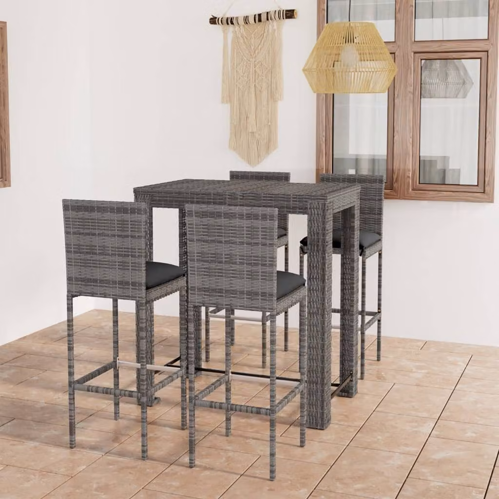 The Living Store Set bar da giardino 5 pezzi con cuscini in poly rattan grigio