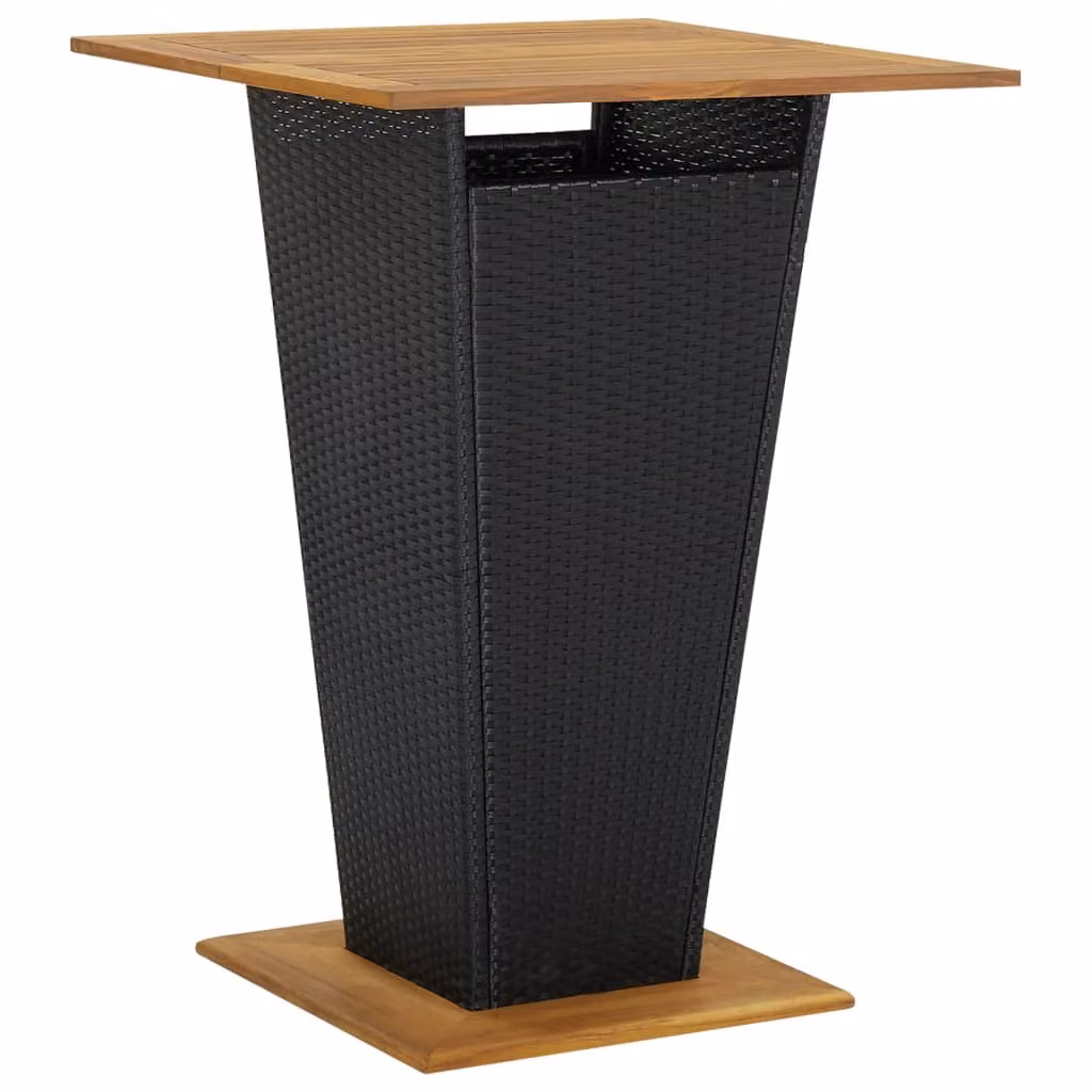 The Living Store Tavolo da bar nero 80x80x110 cm in poly rattan e legno massiccio di acacia