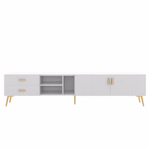 Mobile TV Moderno Bianco Aosom con Strisce Decorative e Gambe in Metallo Dorato con 2 Cassetti – 2
