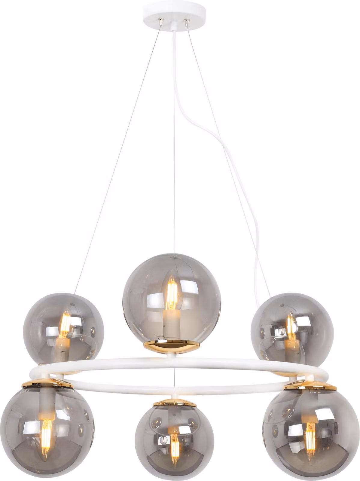 Lampada a sospensione Aura bianco-oro 6 luci vetro grigio fumo E14
