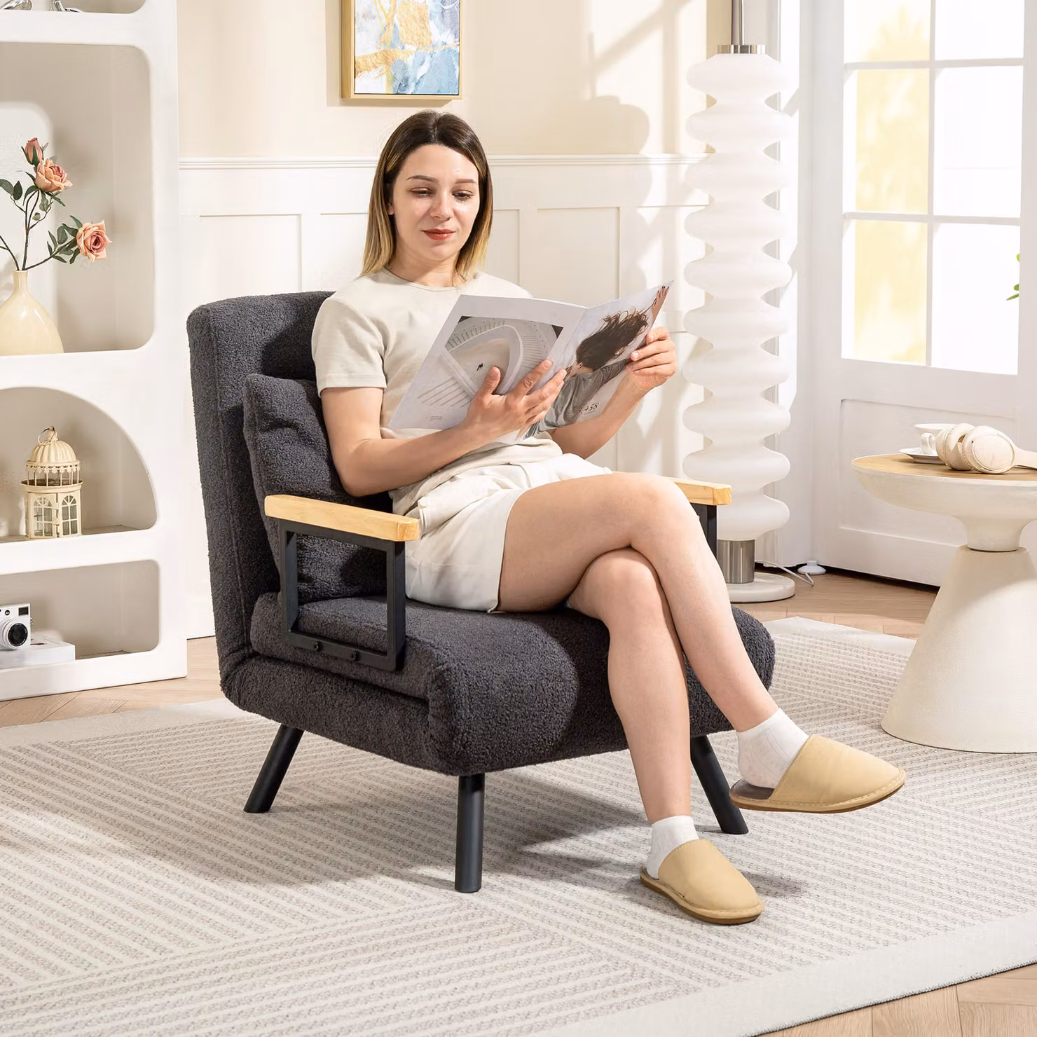 Divano Letto Singolo Pieghevole HOMCOM 4 in 1 con Schienale Regolabile a 5 Livelli e Cuscino, Poltrona Convertibile in Velluto Grigio, L: 63 cm, P: 73 cm, H: 81 cm – 2