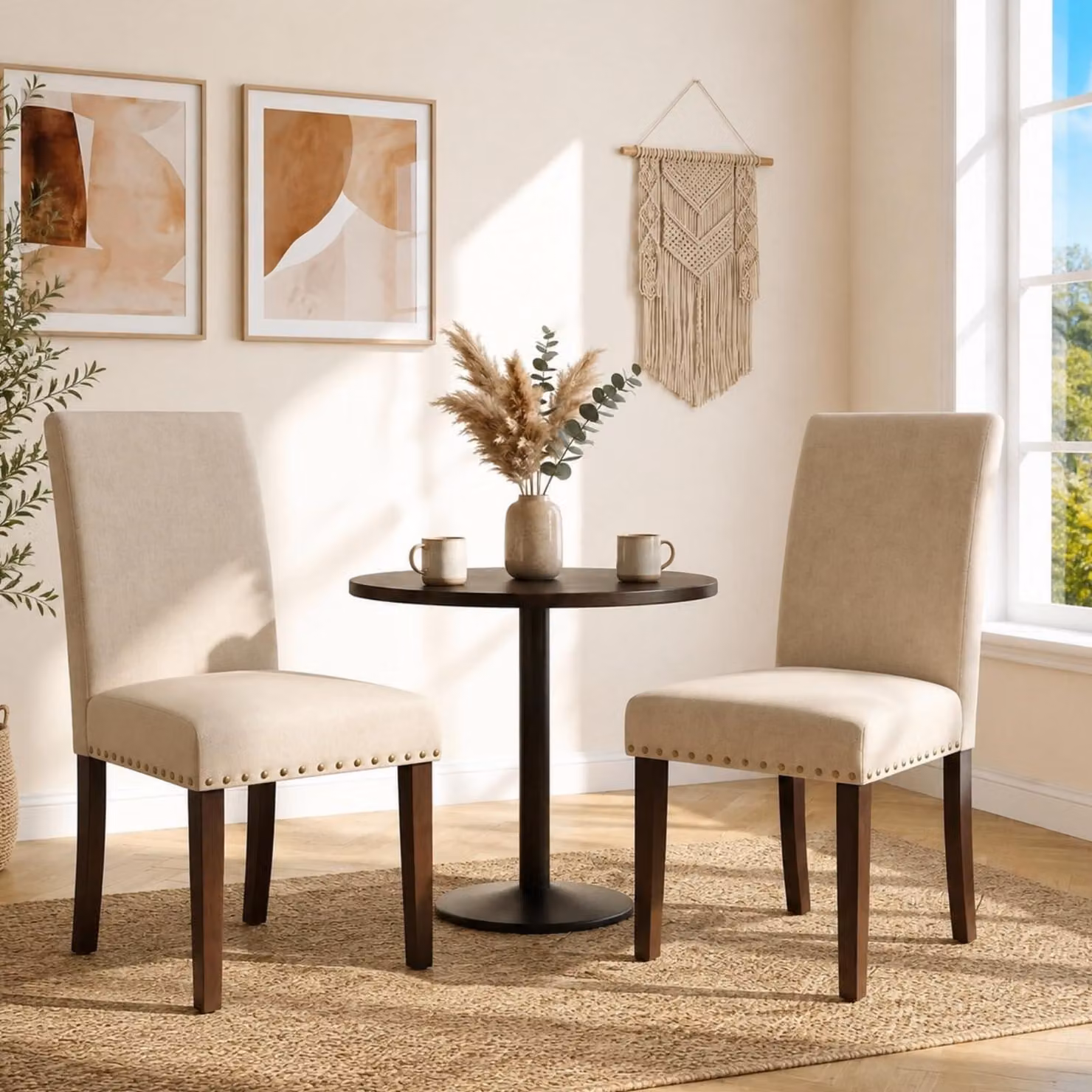 Set di 2 sedie da pranzo, imbottite, color beige, in lino, con gambe in legno