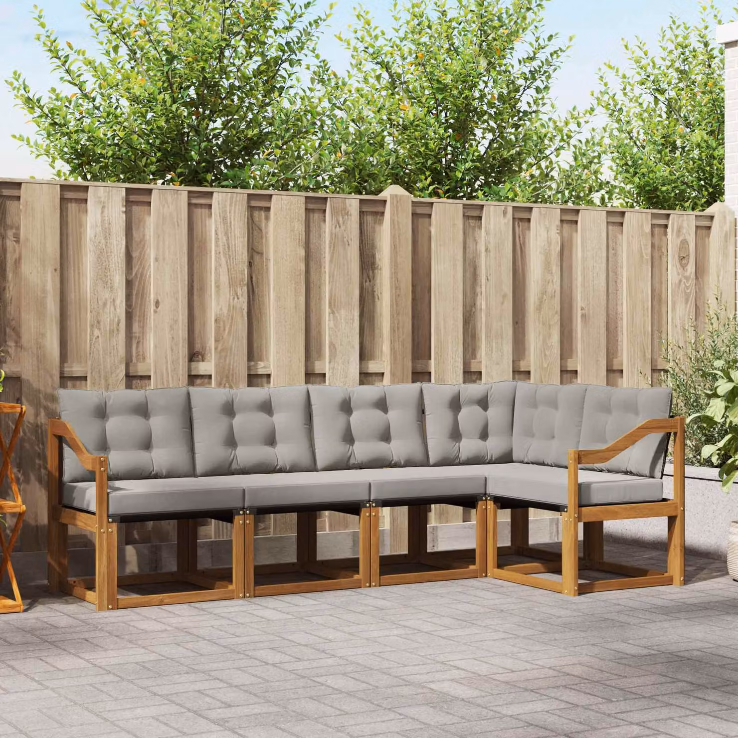 Set di divani da esterno vidaXL a forma di L composto da 5 pezzi in legno di acacia e tessuto textilene, colore grigio e marrone