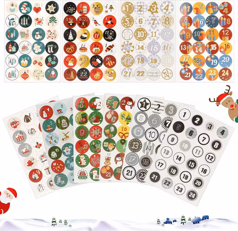 Calendario dell'Avvento con 10 fogli - Numeri natalizi da 1 a 24 - Calendario dell'Avvento fai-da-te - Forma rotonda - Adesivi con numeri natalizi per decorazioni fai-da-te - Regali