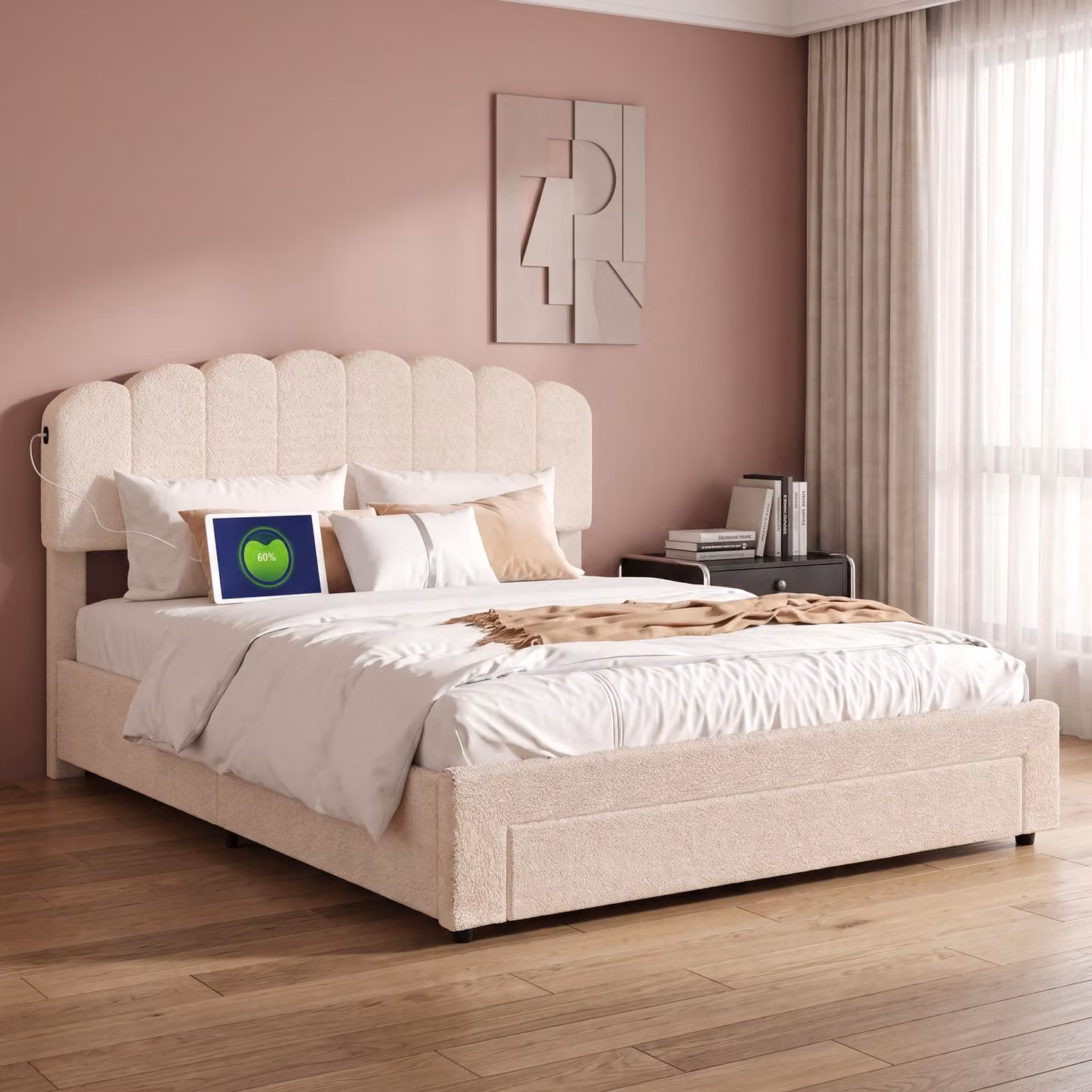 Letto imbottito INONEFT, 160x200 cm, con poggiatesta regolabile in altezza, letto per ragazzi/matrimoniale con prese USB e prese di corrente, letto contenitore, rivestito in tessuto tipo peluche, color beige