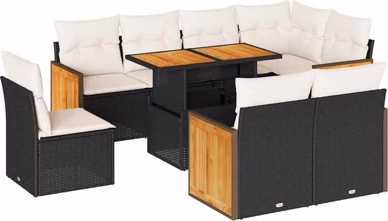 Set Divani da Giardino 9 pz con Cuscini Nero Polyrattan Acacia