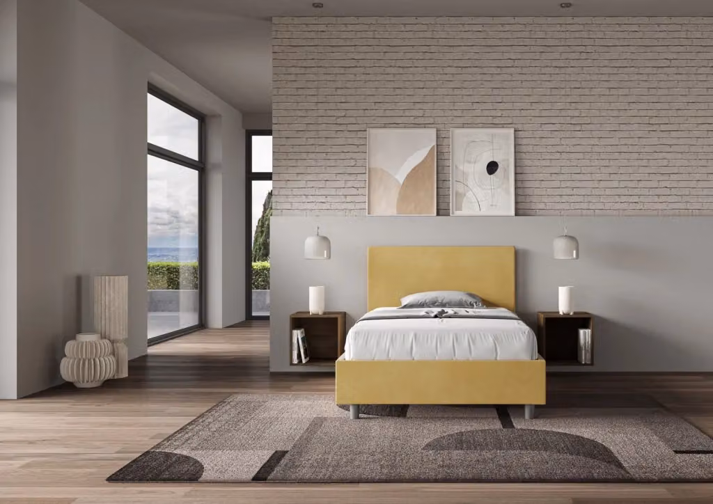 Letto una piazza e mezza contenitore imbottito BS COM in microfibra colore ocra L: 120 cm, P: 210 cm – 2