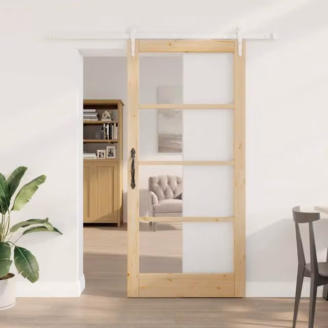 Porta scorrevole vidaXL in legno di pino massello e vetro trasparente, colore marrone, L: 93 cm, H: 202 cm