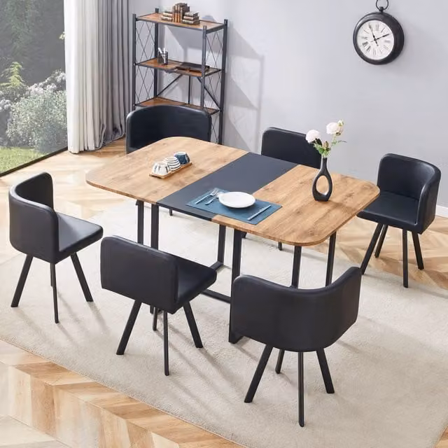 Tavolo da pranzo allungabile con sedie contenibili per 4 6 persone in MDF e metallo nero e effetto legno
