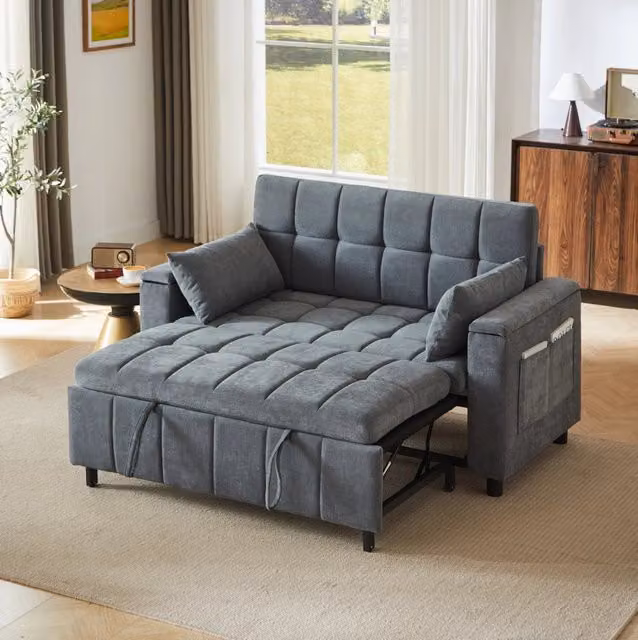 Divano letto 3 in 1 per 2 persone in chenille grigio con contenitori nelle braccioli e rete metallica robusta