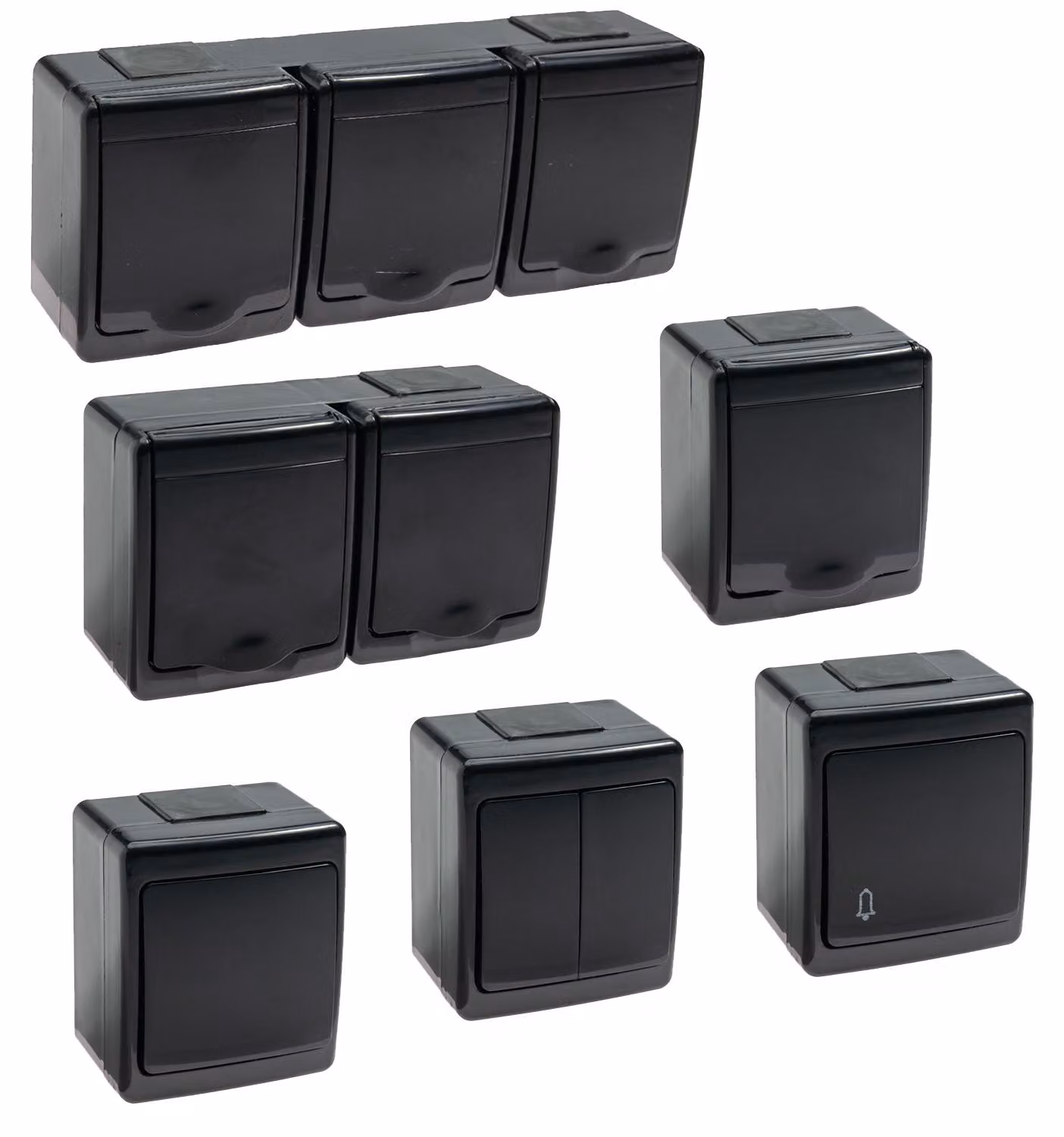 Interruttore a muro nero, grado di protezione IP44, prese multiple da 1 a 3 moduli