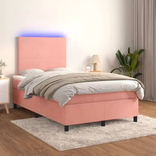 Letto matrimoniale con materasso ibrido vidaXL in velluto rosa e bianco con illuminazione LED sottostante e porta USB L/P/H: 120 x 200 x 203 cm