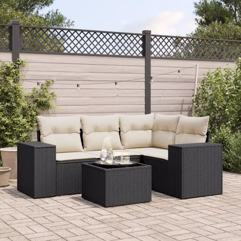 vidaXL Set Divani da Giardino 5 pz a Forma a L con Cuscini, Polyrattan e Struttura in Acciaio Verniciato a Polvere, Nero e Bianco