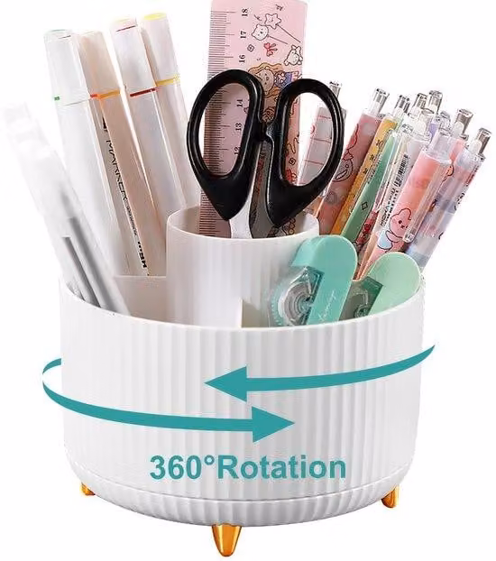 Organizer da scrivania con rotazione a 360 gradi, organizer da scrivania, portapenne, 5 scomparti per penne, cacciaviti, fermagli, appunti, organizer da scrivania economico (bianco)