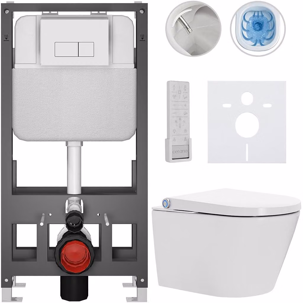 CERANO - WC sospeso con bidet Cronus Pro - bianco lucido - pulsante Prime/Modulo, bianco - modello a pavimento - installazione a parete/cartongesso - 59,3 x 38,4 cm