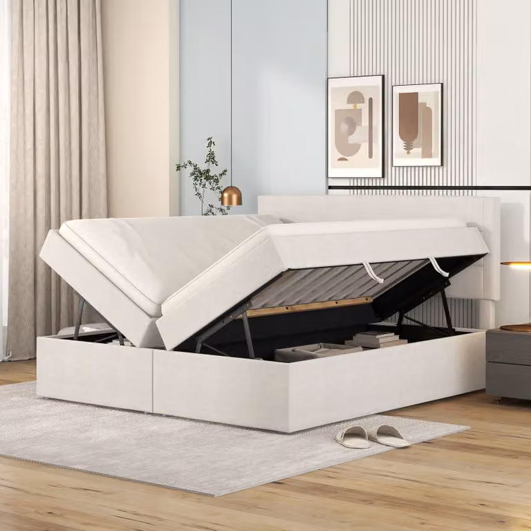 STILVORA, letto matrimoniale 140x200, letto per ragazzi con rete a doghe, struttura in metallo e grande contenitore, accessibile da entrambi i lati, colore beige (senza materasso)