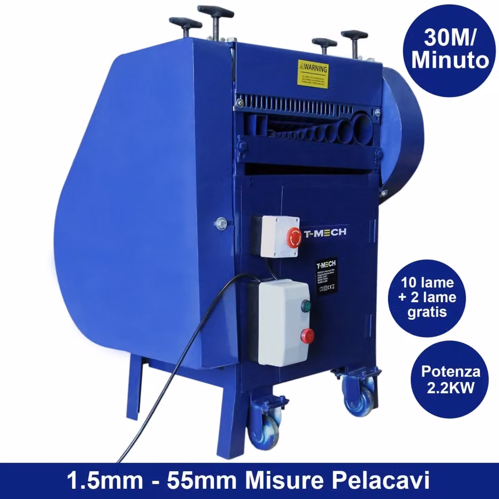 Macchina spellacavi T-Mech blu con 10 lame per recupero rame, compatibile con cavi da 1.5-38mm – 2