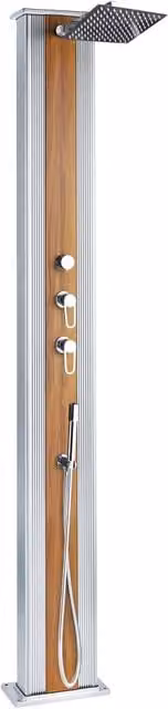 Doccia Solare Ibrida da Giardino GIORDANOSHOP con Miscelatore, Doccetta Lavapiedi e Serbatoio da 40L in Alluminio Argentato e Legno Marrone