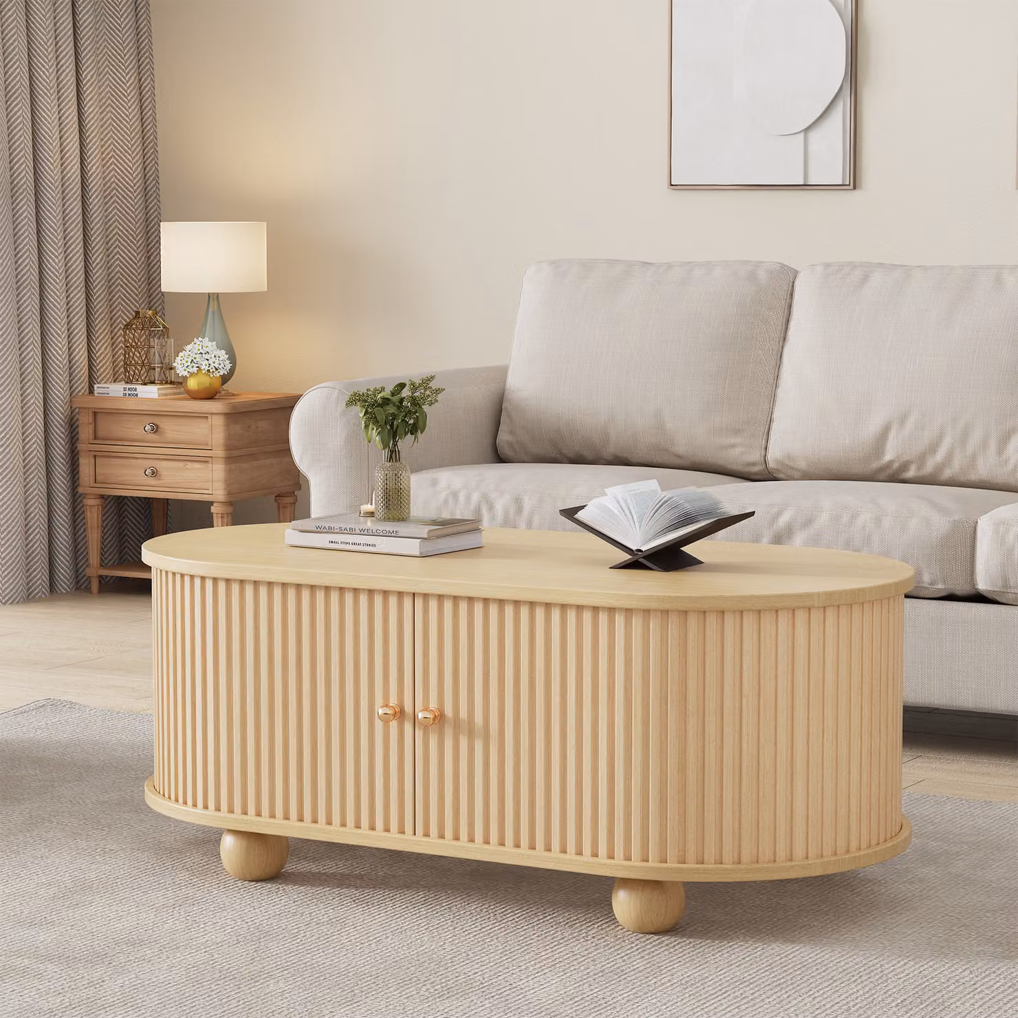 Tavolino STILVORA con 2 ante scorrevoli a 180 gradi, tavolino da salotto salvaspazio con vano portaoggetti, tavolino ovale in MDF, rovere