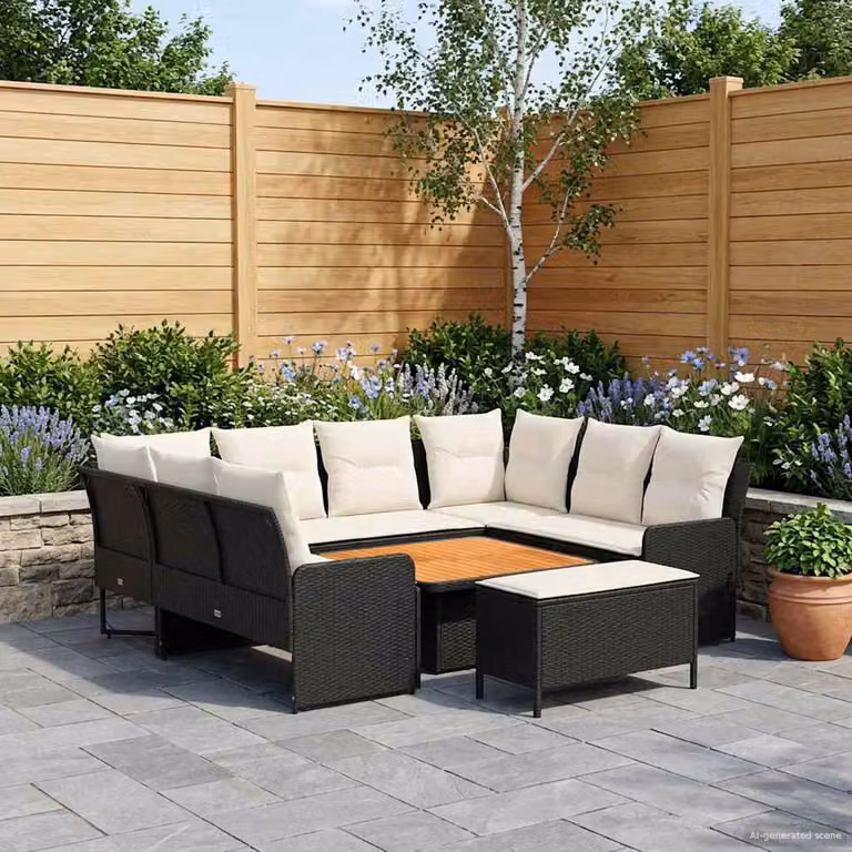 Set di mobili da giardino vidaXL 7 pezzi in rattan con cuscini, nero e beige