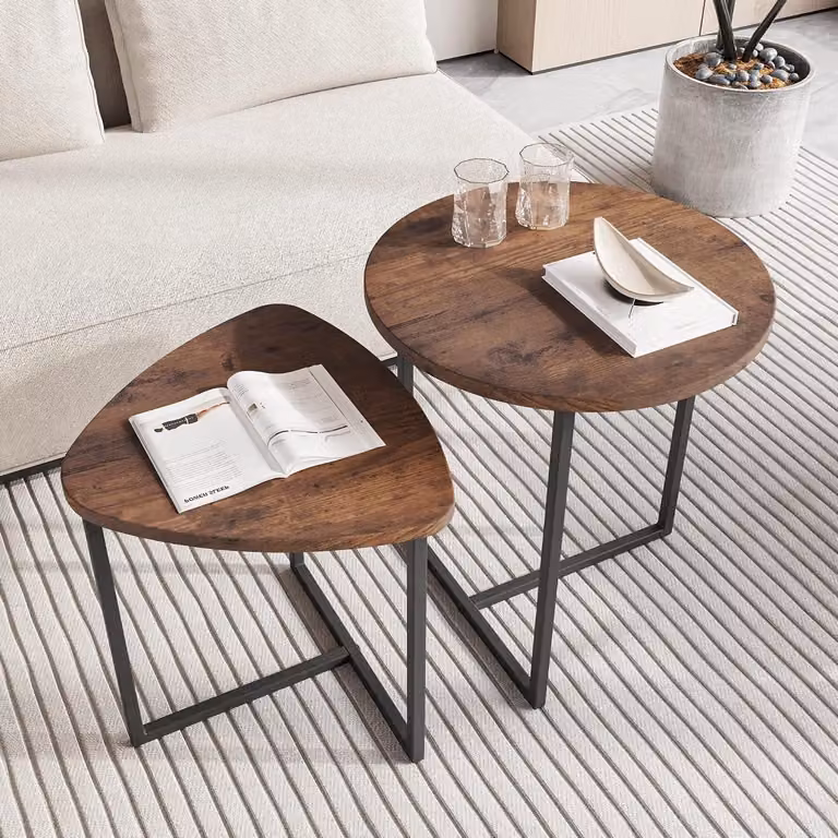 Tavolino da divano rotondo, set da 2, tavolino con base in metallo e piano in legno a forma di cuore, design industriale, tavolino per il soggiorno, moderno