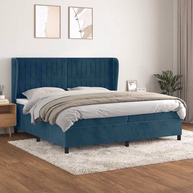 vidaXL Giroletto a Molle con Materasso Ibrido in Velluto Blu e Bianco, L/P: 200 x 200 cm