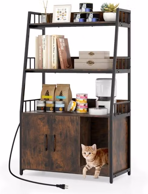 Design Mania Cuccia per gatti con contenitore per lettiera, tiragraffi e stazione di ricarica, Marrone e Nero – 1