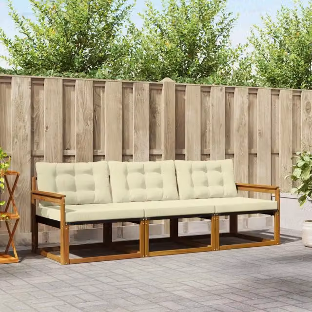 Set di divani da esterno 3 posti vidaXL in legno di acacia e textilene, colore beige e bianco, con cuscini inclusi