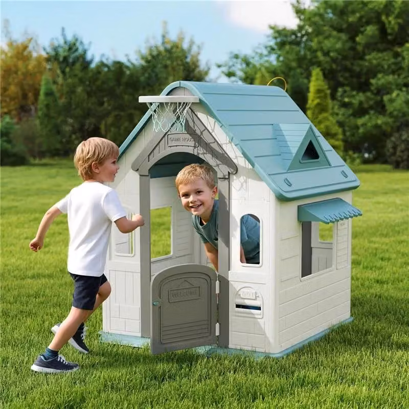 Casetta per bambini 5 in 1 multicolore in polipropilene con canestro da basket, anelli e freccette, L: 132 cm, P: 118 cm, H: 124 cm – 2