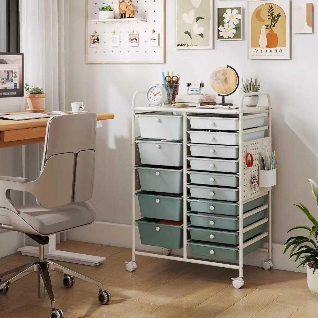 Carrello portaoggetti DESIGN IN con 15 cassetti rimovibili, piano in metallo e pannelli forati, Verde – 2