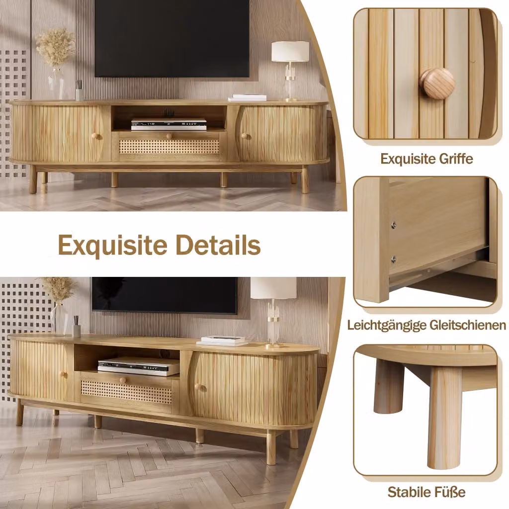 Mobile TV REDOM in MDF e Rattan beige con ante scorrevoli e cassetti, L/P/H: 165 x 37 x 46 cm – 2