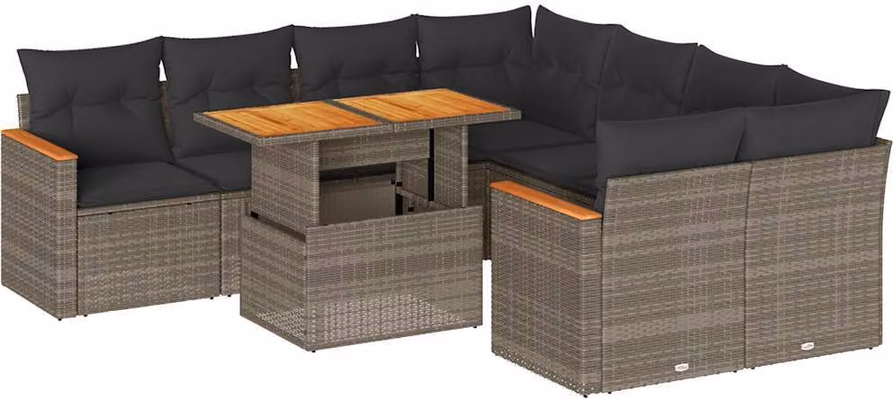 Set Divano da Giardino 9pz con Cuscini Grigio Polyrattan Acacia