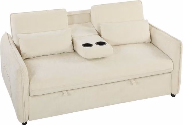 Divano Letto 2 Posti HOMCOM 3 in 1 con Schienale Regolabile in 3 Posizioni e 2 Cuscini, Rivestimento in Ciniglia, Beige
