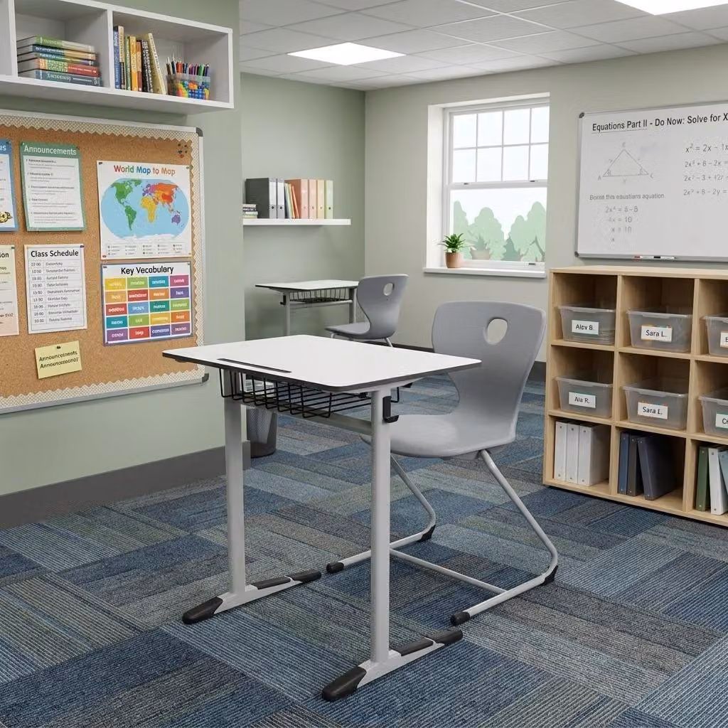 Set per la scuola: scrivania ergonomica grigia, sedia grigia