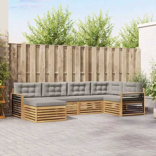 Set di divani da esterno vidaXL a forma di L composto da 6 pezzi in legno di acacia con cuscini inclusi, colore bianco e grigio